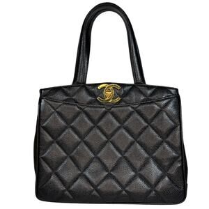 Chanel Caviar Vintage Tote Bag Quilted CC Turnlock Black/Gold Matelasse XL Logo